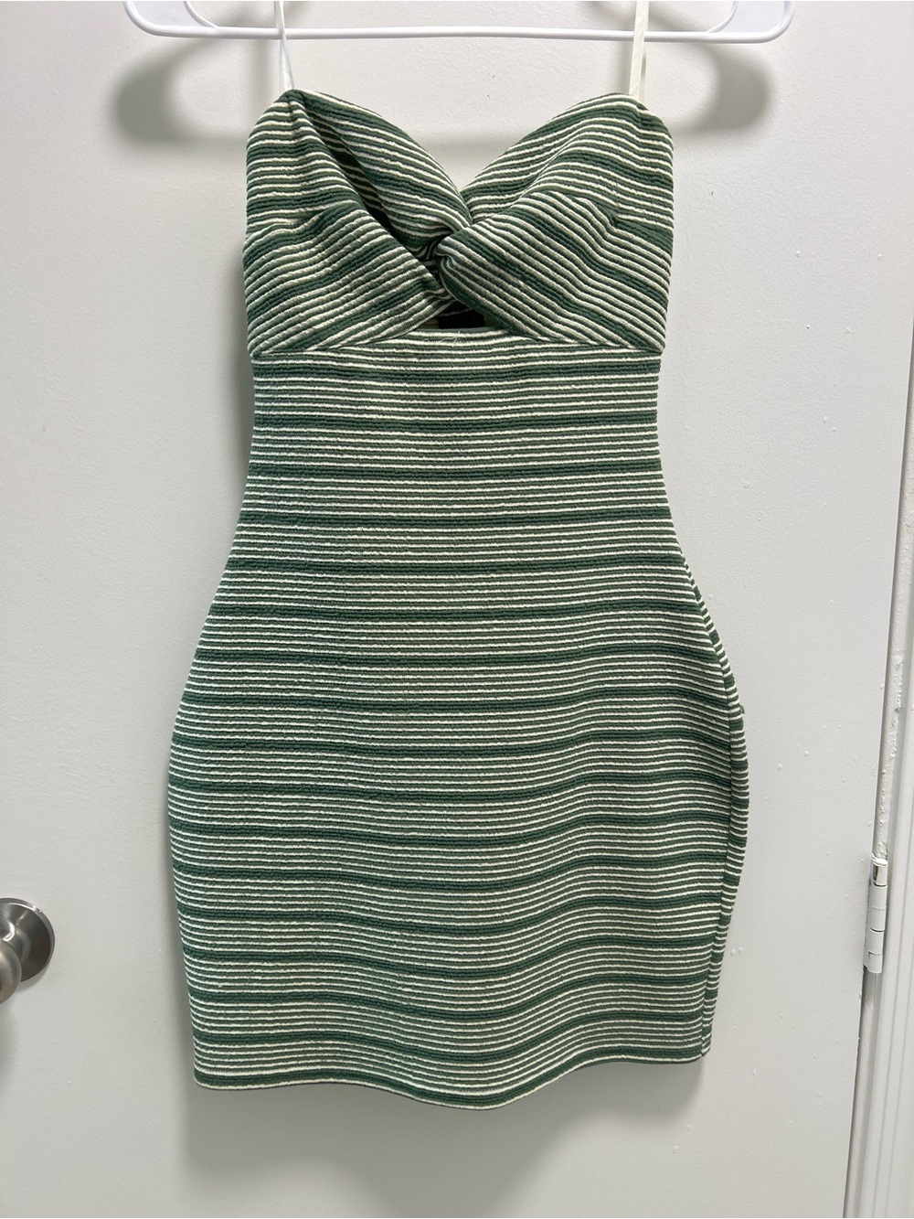 Windsor Green and White Striped Strapless Twist-Front Dress